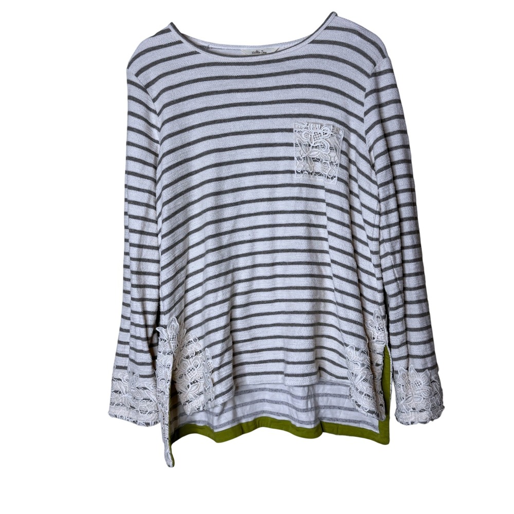 Matilda Jane Womens XS Striped Lace Pocket Long Sleeve Top Gray White Olive